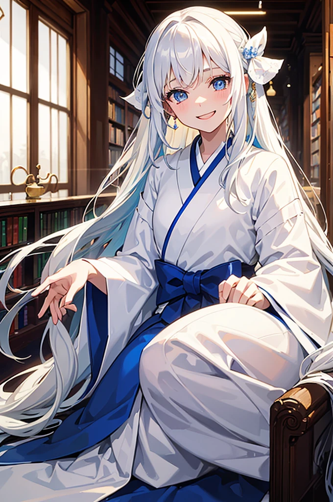 One young woman, around twelve years old, long white hair, wearing a white kimono, Grinning, Tilting your head slightly, confused, blue colored eyes, vivid appearance, happy scene, inside a library, crying with joy, Grinning, white teeth