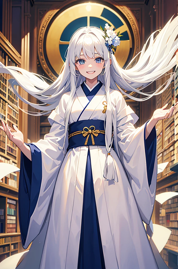 One young woman, around twelve years old, long white hair, wearing a white kimono, Grinning, Tilting your head slightly, confused, blue colored eyes, vivid appearance, happy scene, inside a library, crying with joy, Grinning, white teeth