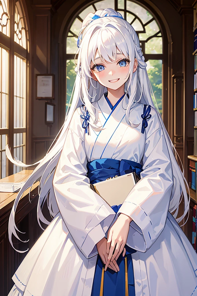 One young woman, around twelve years old, long white hair, wearing a white kimono, Grinning, Tilting your head slightly, confused, blue colored eyes, vivid appearance, happy scene, inside a library, crying with joy, Grinning, white teeth