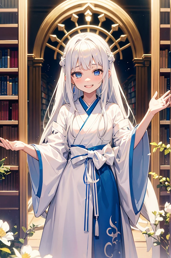 One young woman, around twelve years old, long white hair, wearing a white kimono, Grinning, Tilting your head slightly, confused, blue colored eyes, vivid appearance, happy scene, inside a library, crying with joy, Grinning, white teeth