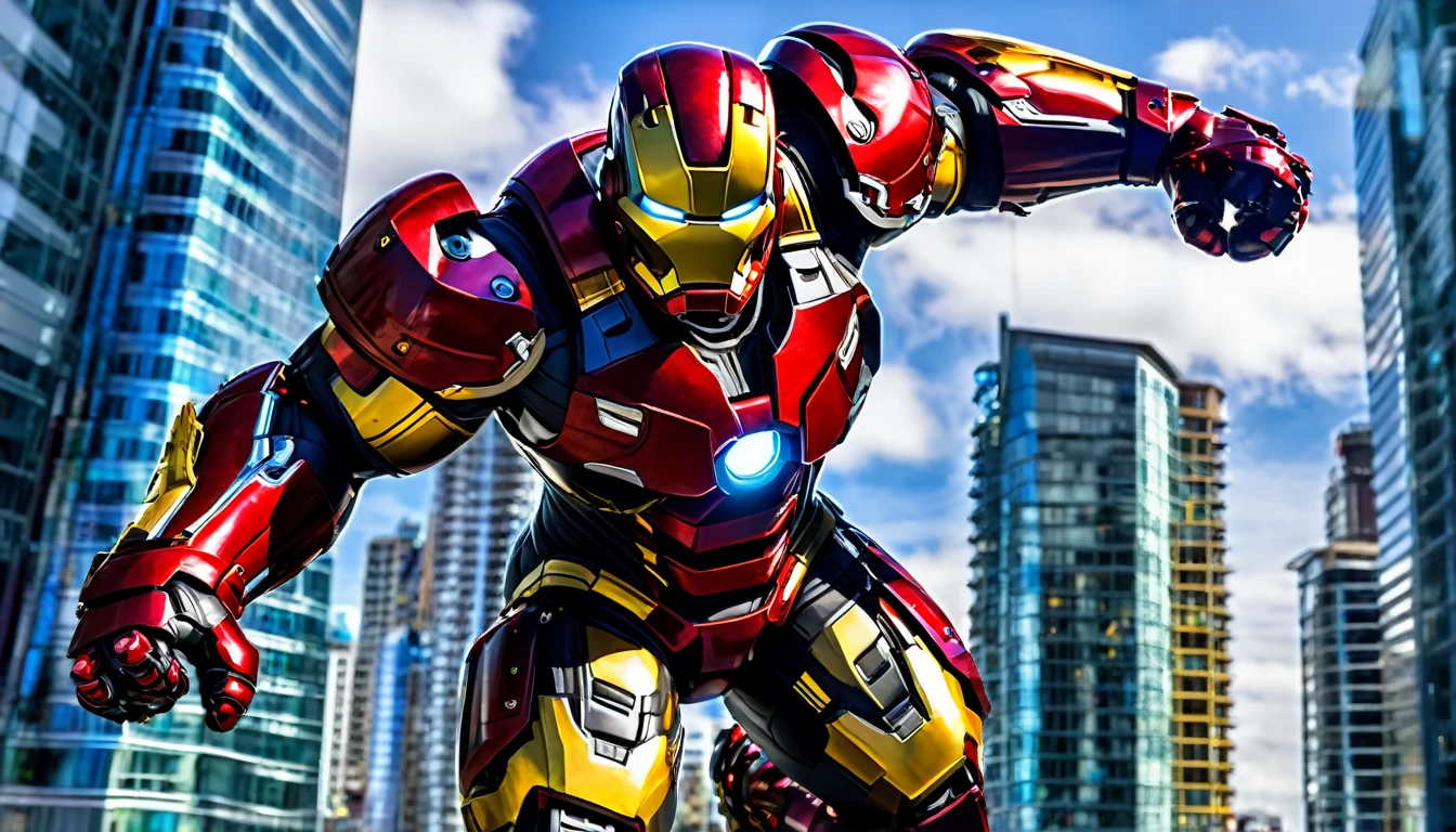 Hulkbuster-like suit ready for battle, Downtown Vancouver, high-quality artwork, anime style, vibrant colors, detailed metal armor, intense lighting, cityscape background, heroic pose, dramatic shadows, black suit with red stripe highlights, repulser cannons on shoulders, dynamic motion, slams fist into the ground,, hockey goalie faceplate, hockey goalie visor, grey visor covering face, epic superhero