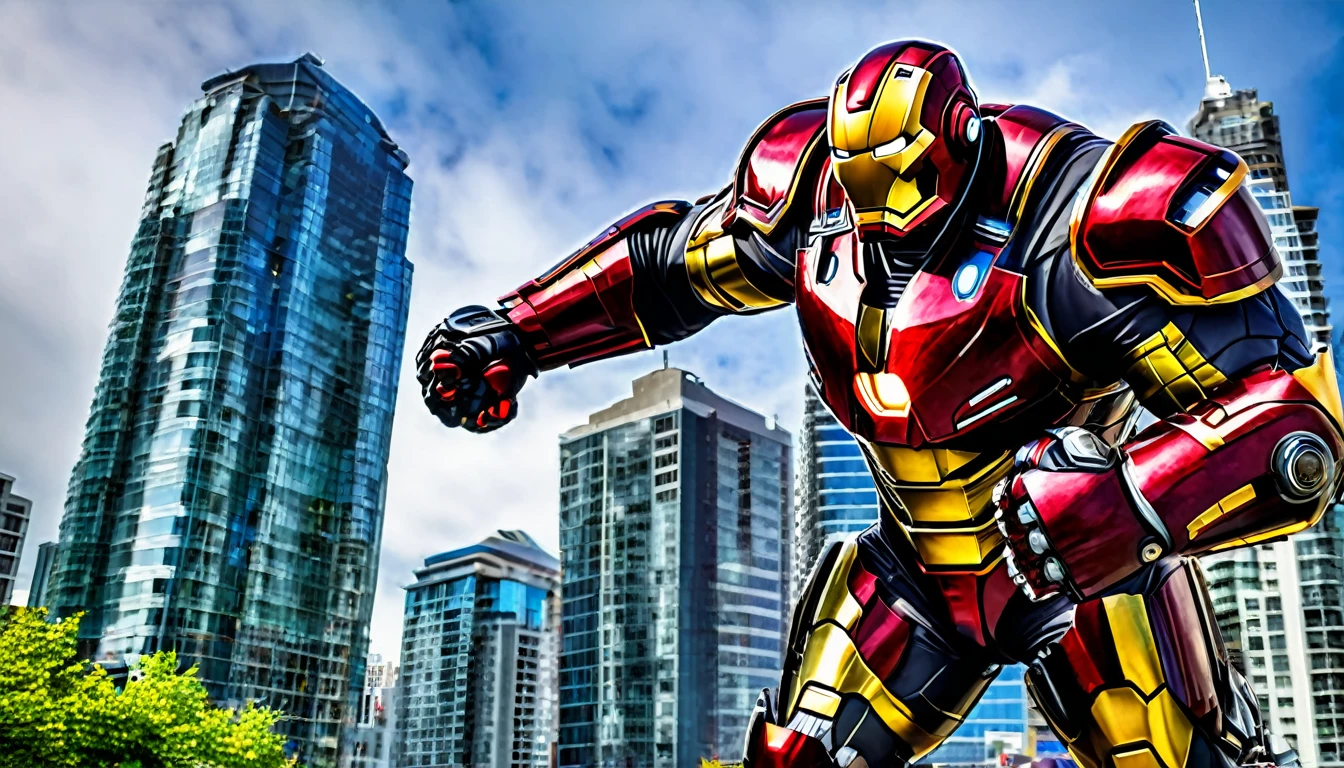 Hulkbuster-like suit ready for battle, Downtown Vancouver, high-quality artwork, anime style, vibrant colors, detailed metal armor, intense lighting, cityscape background, heroic pose, dramatic shadows, black suit with red stripe highlights, repulser cannons on shoulders, dynamic motion, slams fist into the ground,, hockey goalie faceplate, hockey goalie visor, grey visor covering face, epic superhero