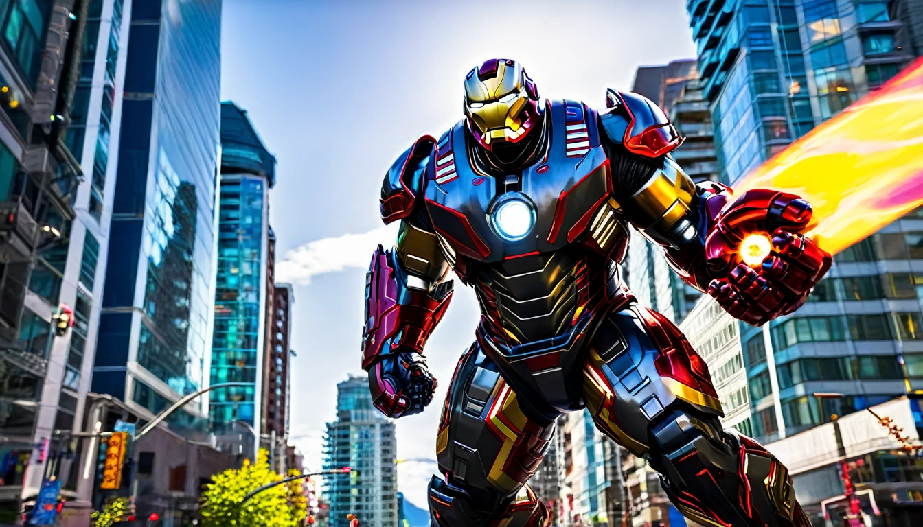 Hulkbuster-like suit ready for battle, Downtown Vancouver, high-quality artwork, anime style, vibrant colors, detailed metal armor, intense lighting, cityscape background, heroic pose, dramatic shadows, black suit with red stripe highlights, repulser cannons on shoulders, dynamic motion, slams fist into the ground,, hockey goalie faceplate, hockey goalie visor, grey visor covering face, epic superhero