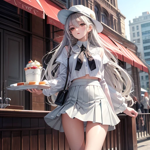 masterpiece, high quality, 最high quality, beautiful, High resolution, Perfect lighting, Detailed face, Detailed body, 1 girl, alone, (Long white hair), Brown eyes, Medium chest, ((White underwear)), ((short gray skirt)), (Grey hat), In front of the cafe,
