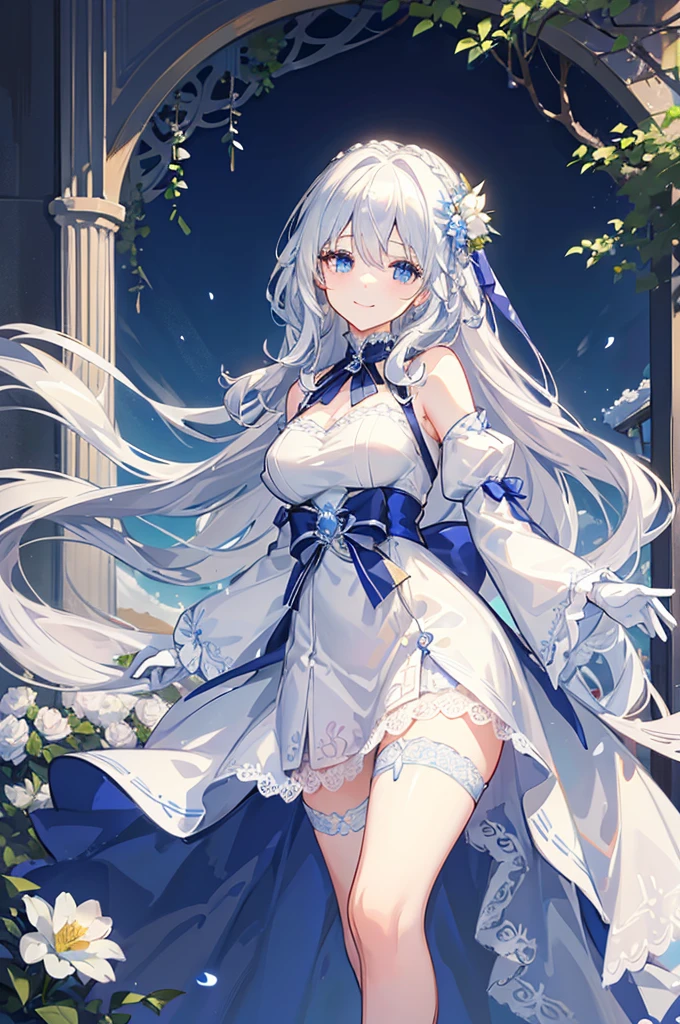 A woman with white hair and blue eyes、adult、Long, fluffy wavy hair、Braiding、Wearing hair ornaments、Smiling、Princess、White gloves、blue and white lace dress、ribbon、Decorations such as flowers and drops、The dress is short in the front and long in the back、Garter Ring、Fantasy