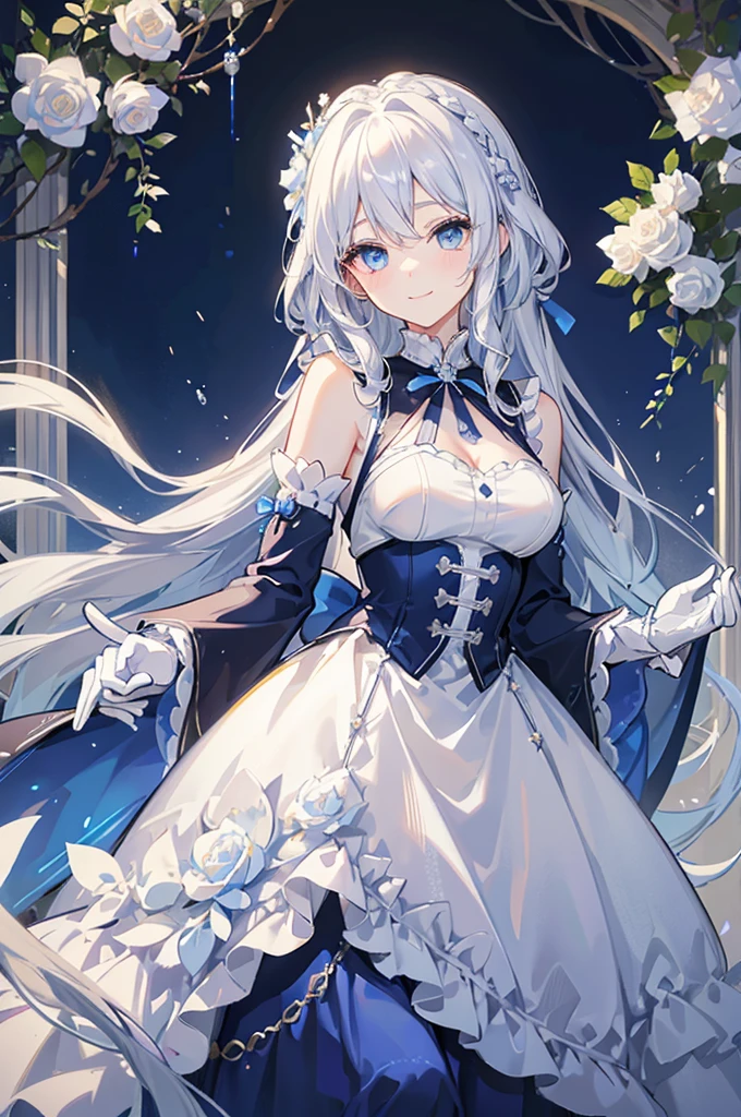 A woman with white hair and blue eyes、adult、Long, fluffy wavy hair、Braiding、Wearing hair ornaments、Smiling、Princess、White gloves、blue and white lace dress、ribbon、Decorations such as flowers and drops、The dress is short in the front and long in the back、Garter Ring、Fantasy