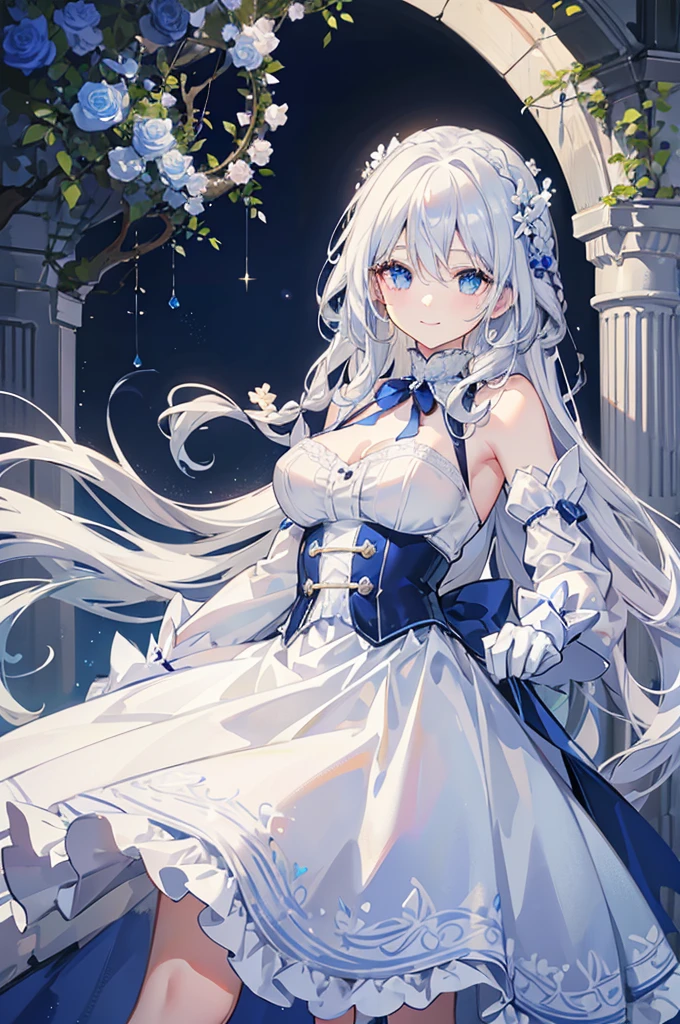 A woman with white hair and blue eyes、adult、Long, fluffy wavy hair、Braiding、Wearing hair ornaments、Smiling、Princess、White gloves、blue and white lace dress、ribbon、Decorations such as flowers and drops、The dress is short in the front and long in the back、Garter Ring、Fantasy