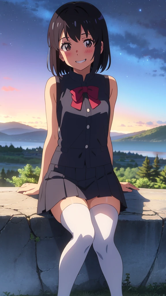shinkai makoto, kimi no na wa., 1girl, bangs, black hair, blush, expressive eyes, brown eyes, perfect face, looking at the viewer, sleeveless dress, skirt, thighhighs, short hair, solo, outdoors, shinny skin, smile, cute, grin, cloudy, night sky, mountains, rocks, sitting, (masterpiece), best quality