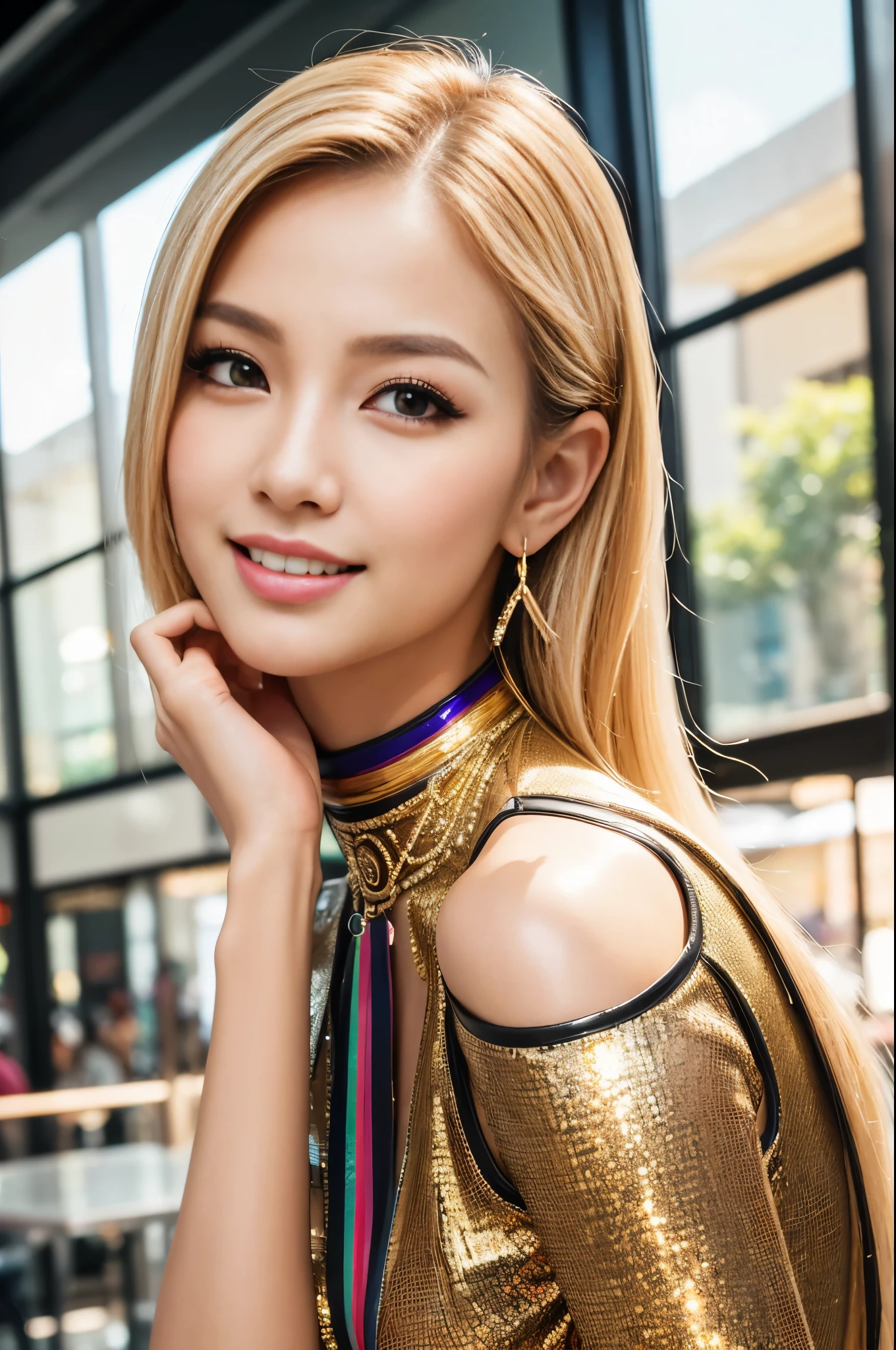 (masterpiece:1.4), (best quality:1.4), ultra high res, ultra high resolution, ((detailed facial features)), HDR, (realistic, photorealistic, photo-realistic:1.37), closeup, sexy seductive Thai woman, (seductive smile), long lashes, beautiful makeup, platinum blonde hair, fair skin, slender figure, elegant posture, wearing large sparkling colorful jewelery, wearing a business style leather dress, standing in a large shopping mall, gentle sunlight shining through the shopping mall windows, casting a soft glow on her face, adding warmth to the scene, vibrant colors, capturing the essence of vibrant city life, portrait style, showcasing her natural beauty and grace in a feminine way