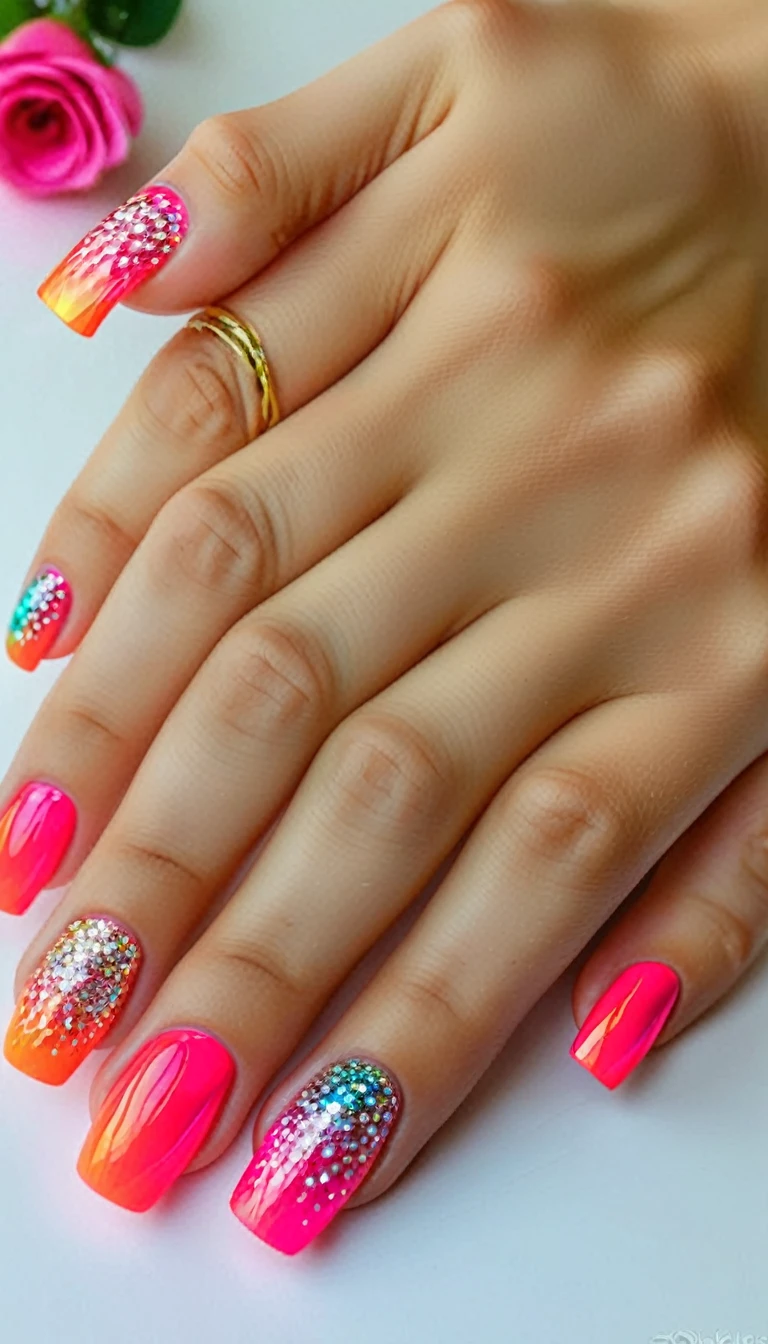 colorful detailed nails, intricate nail art, multiple nail designs, shiny metallic nails, neon glitter nails, holographic nail polish, 3d nail decorations, gemstone embellished nails, abstract nail art patterns, vibrant ombre nails, (best quality,4k,8k,highres,masterpiece:1.2), ultra-detailed, (realistic,photorealistic,photo-realistic:1.37), macro photography, studio lighting, professional nail salon