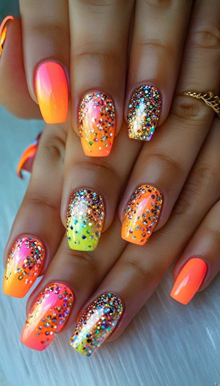 colorful detailed nails, intricate nail art, multiple nail designs, shiny metallic nails, neon glitter nails, holographic nail polish, 3d nail decorations, gemstone embellished nails, abstract nail art patterns, vibrant ombre nails, (best quality,4k,8k,highres,masterpiece:1.2), ultra-detailed, (realistic,photorealistic,photo-realistic:1.37), macro photography, studio lighting, professional nail salon