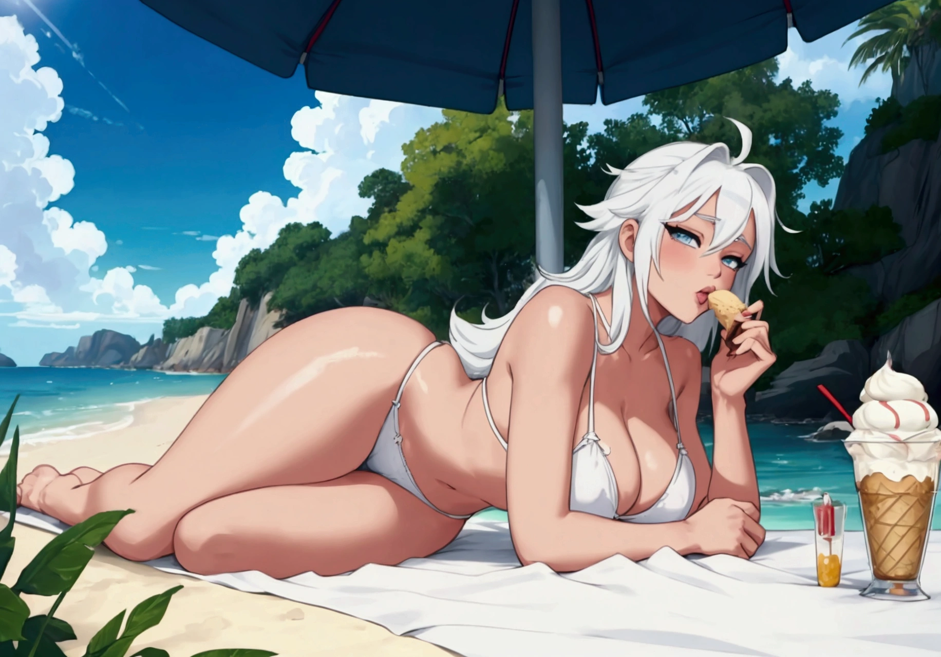 A beautiful anime girl with white hair, wearing a sexy white bikini and a revealing thong, laying on a beach and eating an ice cream on a sunny summer day, photographed from a low camera angle thigh up, stunning landscape