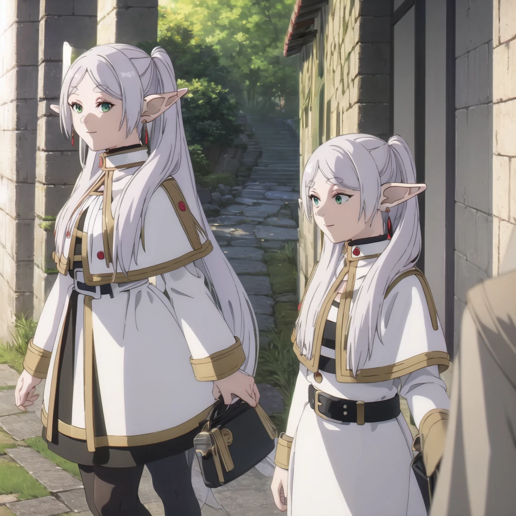 1girl, (masterpiece:1.3), (high resolution), (8K), (extremely detailed), (4k), (pixiv), perfect face, nice eyes and face, (best quality), (super detailed), detailed face and eyes, (solo), textured skin, absurdres, highres, a frog over her head, wz_sousou_no_frieren_style, wz_sousou_no_frieren_style, twintails, very long hair, silver hair, pointy ears, elf, white capelet, green eyes, black pantyhose, earrings, white skirt, belt, white sleeves, light, face picture pov zoom, smile, light rays, sunlight