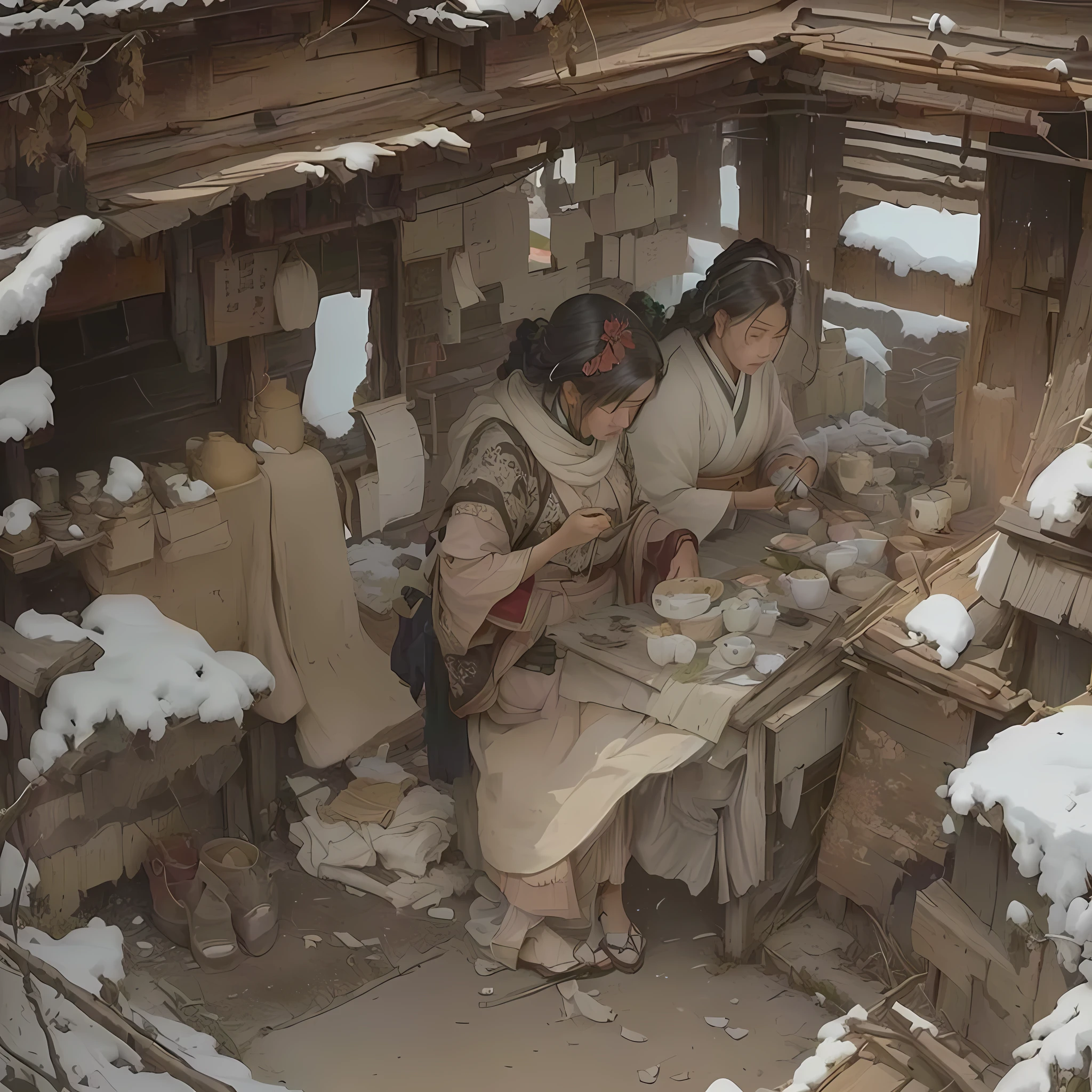 A highly detailed 8K digital art masterpiece, (extremely detailed CG, very high quality, best quality, highest quality illustration, best shadows, surreal, realistic lighting, (profound depth), beautiful luminosity, art by PeterMohrBacher)Blazing flames, fire, crowd, throng, freezing, mother warming her baby.Scenery and Cityscape in the Early Meiji Era After the Meiji Restoration, Japan underwent rapid modernization and civilization. Consequently, many changes and reforms occurred. Below is a detailed explanation of the scenery, appearance of the poor, occupations, and cityscapes in the early Meiji period (1868 to the early 1880s). 2. Appearance of the Poor Life for the impoverished and lower classes remained harsh. In particular, in urban areas, people migrated from rural areas or unemployed artisans gathered, intensifying competition in the labor market. Many of them struggled with poverty, often residing in slums or around temples. 3. Occupations Meiji early Japan witnessed a diversification of occupations. Traditional agriculture and handicrafts were accompanied by the rise of modern industry and commerce. Particularly in urban areas, factory workers, shop clerks, and transporters increased, giving rise to new professions. However, many in these occupations endured harsh working conditions. 4. Influence of Civilization and Enlightenment During the Meiji era, Western cultural influences spread rapidly. Changes in clothing, dietary habits, and the proliferation of Western-style architecture advanced, especially in urban areas. Conversely, this development posed a threat to traditional culture and lifestyles, resulting in societal upheaval and adaptation challenges. 5. Social Change and Policy Influence While promoting modernization policies, the government also addressed poverty and social issues. Legislation for labor protection and charitable activities to aid the poor were implemented. Nevertheless, living conditions for the impoverished scarcely improved. The 