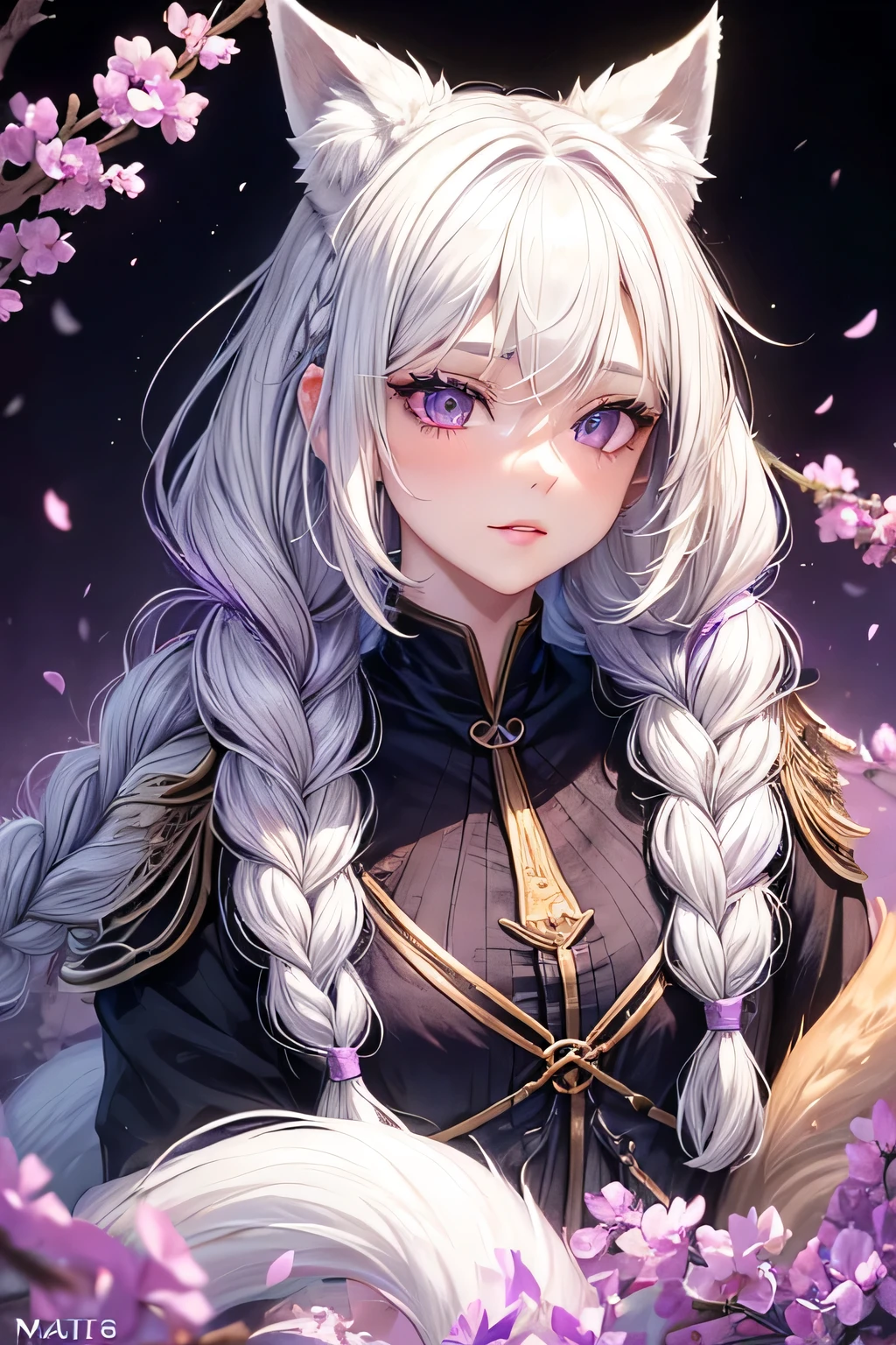 ((Young fox)),((woman)),((female)),((adult)),((white hair)),((violet eyes)),((cute face)),((Long hair tied in braids ))