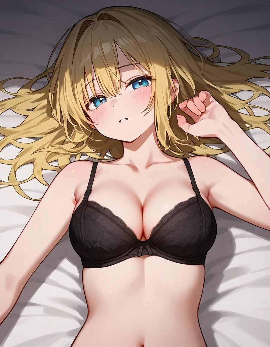 The image is a digital artwork of a woman with blonde hair lying on a bed. She has a large chest and is wearing a bra.