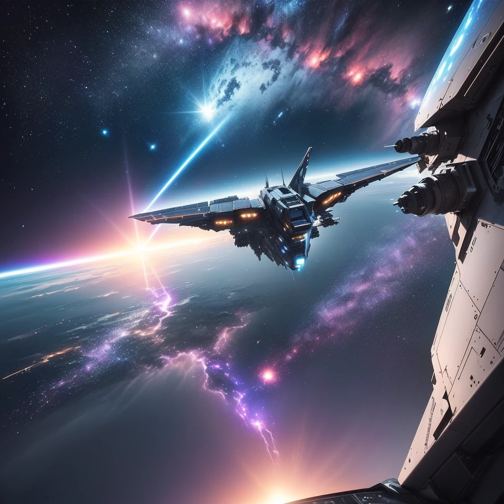 a dramatic space battle scene, a fighter spacecraft piloting through a dynamic cosmic environment, with a planet, meteorites, and a first-person perspective from the cockpit, highly detailed, cinematic, dynamic lighting, hyper-realistic, 8k, volumetric fog, vibrant colors, science fiction, dramatic, intense, cinematic lighting, dramatic atmosphere, intricate details, photorealistic