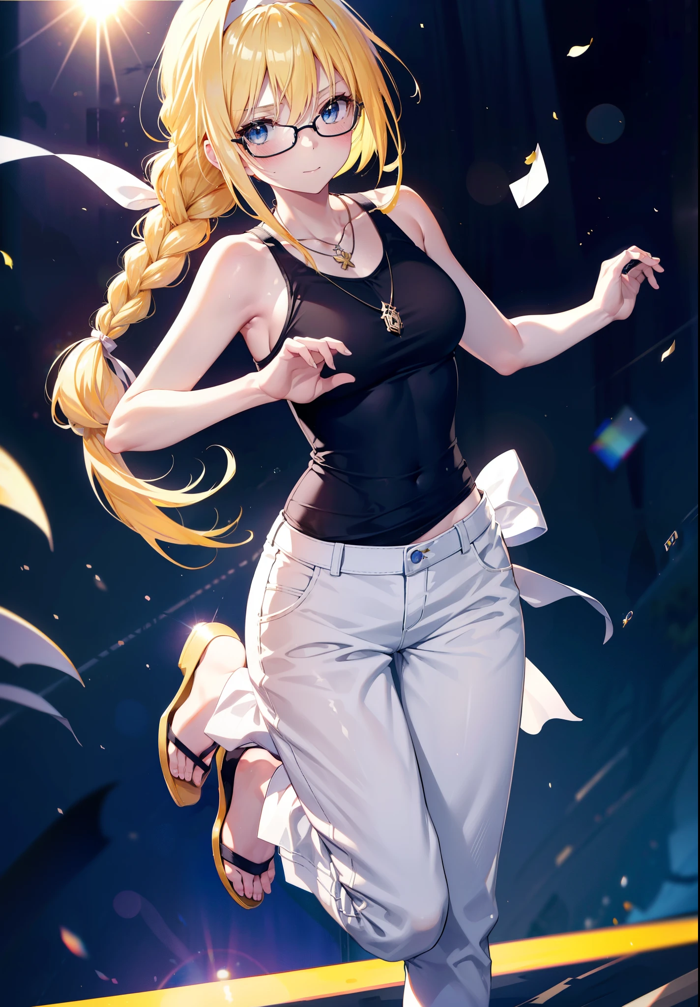 Alicesburg, Alice Zuberg, bangs, blue eyes, Blonde, Hair between the eyes, Very long braid, hair band, white hair band,Black-rimmed glasses,Yellow Tank Top,Locket Necklace,skinny pants,Stiletto heels,Walking,morning,morning陽,The sun is rising,whole bodyがイラストに入るように,smile,blush,
break outside, Residential Street,
break looking at viewer, whole body,
break (masterpiece:1.2), Highest quality, High resolution, unity 8k wallpaper, (figure:0.8), (Beautiful attention to detail:1.6), Highly detailed face, Perfect lighting, Highly detailed CG, (Perfect hands, Perfect Anatomy),