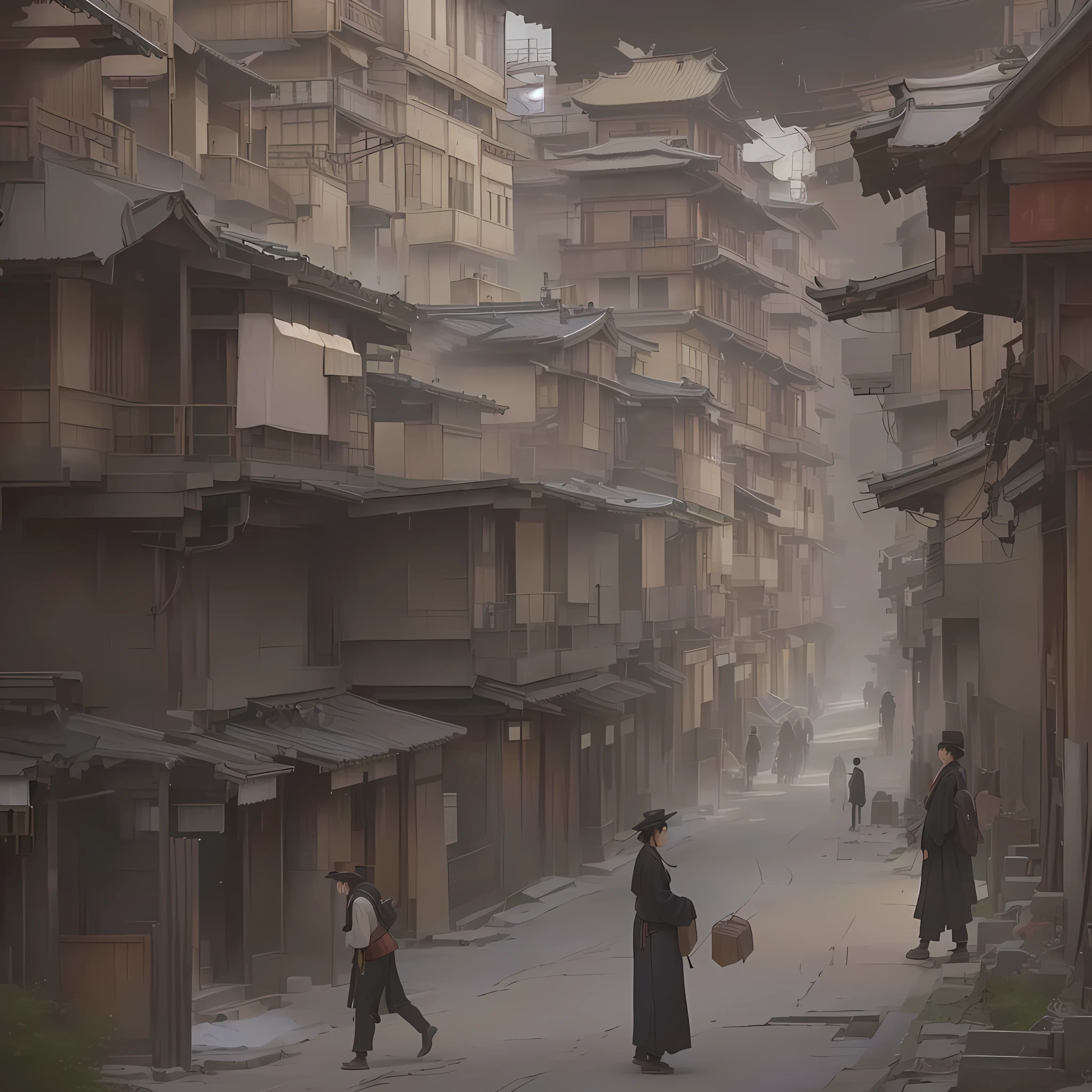 People walking on the city street々There are, Dreamy city in China, The ancient street behind her, award winning Concept Artist, by Han Gan, Luan Jia, Concept Art , Highly rendered, Ancient Steampunk City, Dusty Street, Japanese Street, dramatic Concept Art, Steampunk Cityscape, by Shen Zhou, Foggy Alley, urban Concept Art, by 周陳Blazing flames, fire, crowd, throng, freezing, mother warming her baby.Scenery and Cityscape in the Early Meiji Era After the Meiji Restoration, Japan underwent rapid modernization and civilization. Consequently, many changes and reforms occurred. Below is a detailed explanation of the scenery, appearance of the poor, occupations, and cityscapes in the early Meiji period (1868 to the early 1880s). 2. Appearance of the Poor Life for the impoverished and lower classes remained harsh. In particular, in urban areas, people migrated from rural areas or unemployed artisans gathered, intensifying competition in the labor market. Many of them struggled with poverty, often residing in slums or around temples. 3. Occupations Meiji early Japan witnessed a diversification of occupations. Traditional agriculture and handicrafts were accompanied by the rise of modern industry and commerce. Particularly in urban areas, factory workers, shop clerks, and transporters increased, giving rise to new professions. However, many in these occupations endured harsh working conditions. 4. Influence of Civilization and Enlightenment During the Meiji era, Western cultural influences spread rapidly. Changes in clothing, dietary habits, and the proliferation of Western-style architecture advanced, especially in urban areas. Conversely, this development posed a threat to traditional culture and lifestyles, resulting in societal upheaval and adaptation challenges. 5. Social Change and Policy Influence While promoting modernization policies, the government also addressed poverty and social issues. Legislation for labor protection and charitable activities to aid the poor were implemented. Nevertheless, living conditions for the impoverished scarcely improved. The early Meiji period marked a ra