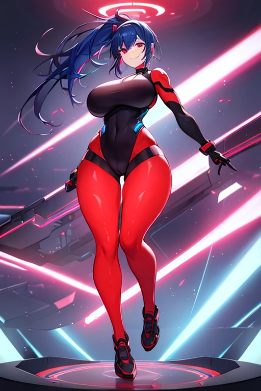 1girl, red eyes, blue hair, short hair, ponytail, large breasts, hourglass figure, bodysuit, black bodysuit, neon, neon trim, machinery, tech, science-fiction, futuristic, smile, standing, full body, ((full body)), ((long ponytail)), arms down, hands down