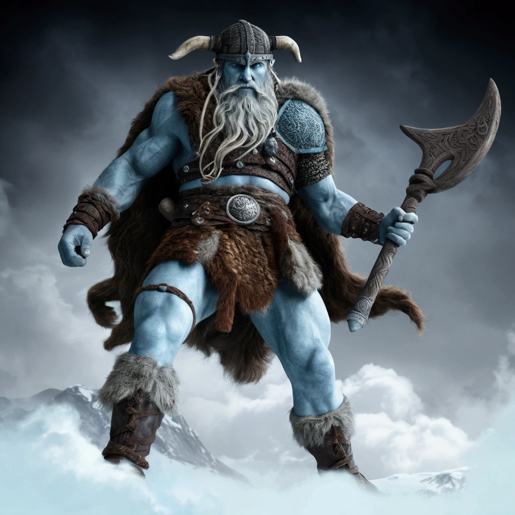Viking mythological giant with whitish bluish skin: ultra realistic and detailed