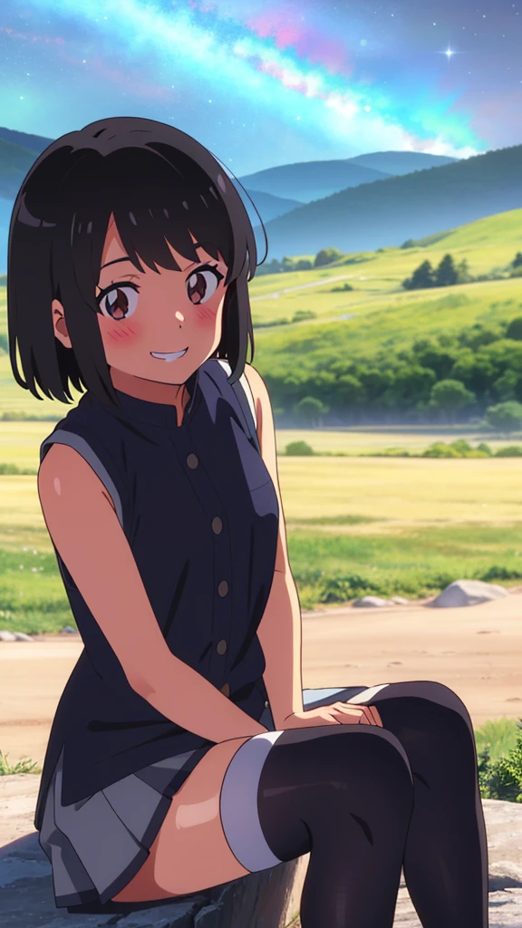 shinkai makoto, kimi no na wa., 1girl, bangs, black hair, blush, expressive eyes, brown eyes, perfect face, looking at the viewer, sleeveless dress, skirt, thighhighs, short hair, solo, outdoors, shinny skin, smile, cute, grin, night sky, mountains, rocks, sitting, (masterpiece), best quality