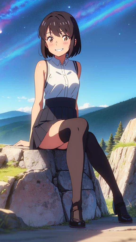 shinkai makoto, kimi no na wa., 1girl, bangs, black hair, blush, expressive eyes, brown eyes, perfect face, looking at the viewer, sleeveless dress, skirt, thighhighs, short hair, solo, outdoors, shinny skin, smile, cute, grin, night sky, mountains, rocks, sitting, (masterpiece), best quality