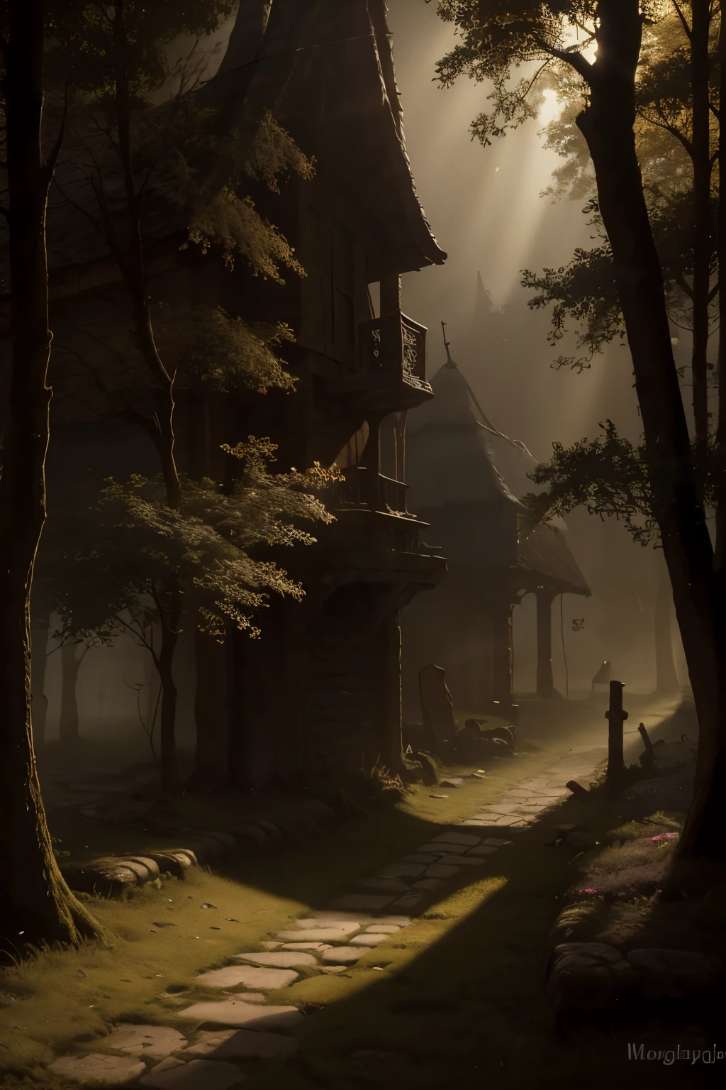 realistic dark oil painting of a medieval village at sunrise, mossy, mist, foggy, shadows, misterious, mithical, dark, rays of light shines trough the woods, ambient, depth of field, volumetric lighting, cinematic lighting, moody, heavy darkness, black sky, low angle perspective, by Eyvind Earle