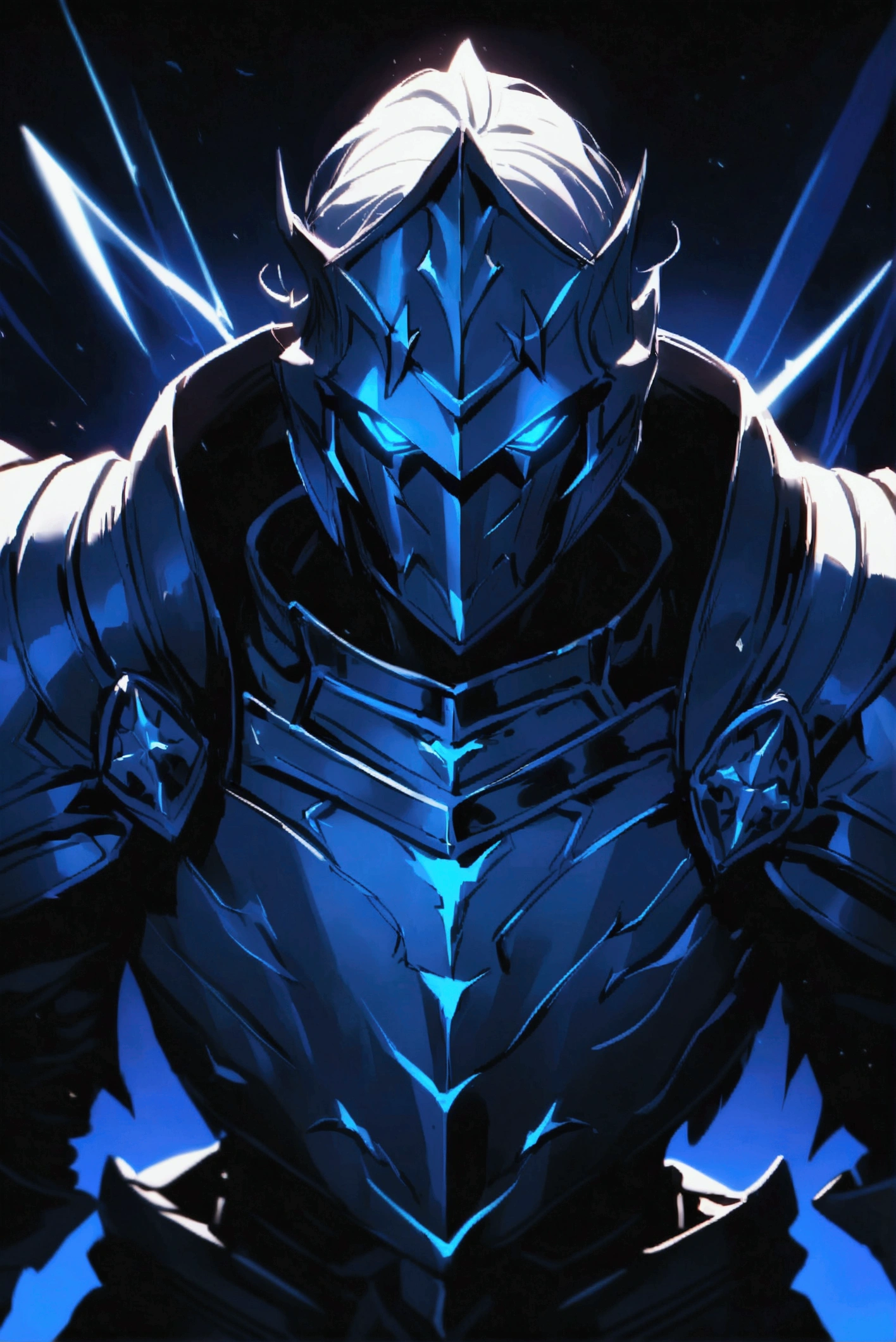 Extremely strong Templar knight with plate armor, black background in the dead of night aggressive blue lights