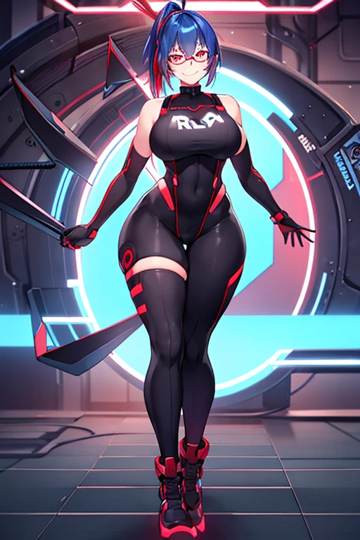 1girl, red eyes, blue hair, very short hair, ponytail, large breasts, hourglass figure, bodysuit, black bodysuit, neon, neon trim, machinery, tech, science-fiction, red glasses, futuristic, smile, standing, full body, ((full body)), long ponytail, braided bonytail, braid, single braid, ((long ponytail)), arms down, hands down