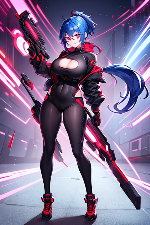 1girl, red eyes, blue hair, very short hair, ponytail, large breasts, hourglass figure, bodysuit, black bodysuit, neon, neon trim, machinery, tech, science-fiction, red glasses, futuristic, smile, standing, full body, ((full body)), long ponytail, braided bonytail, braid, single braid, ((long ponytail)), arms down, hands down