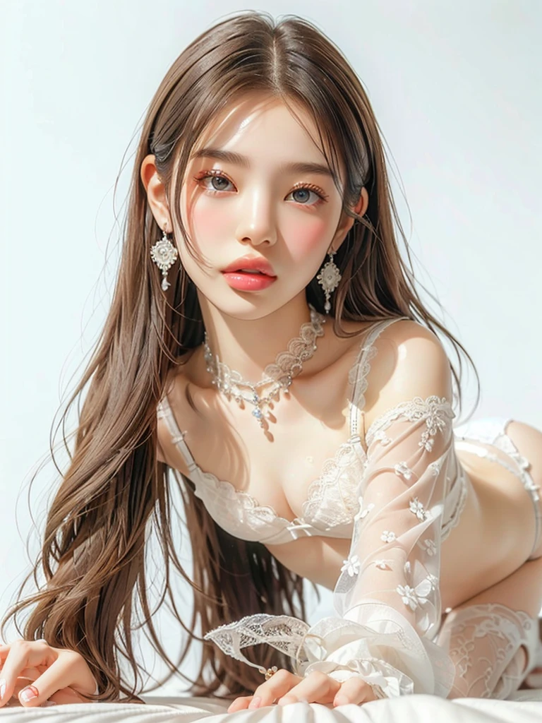 White Background、Professional Lighting、(((Professional Lighting 1.5)))、Translucent skin texture、Beautiful Skin、Beautiful Skin、、(((Whitening 1.5)))、、、音符のEcstasy、((White lace bra 1.5))、、Mid-shot photo、Simple earrings and necklace、((white hair))、Tie your hair up、sex appeal、Sex Appeal、Ecstasy、(((On all fours 1.5))、(((1.85)))