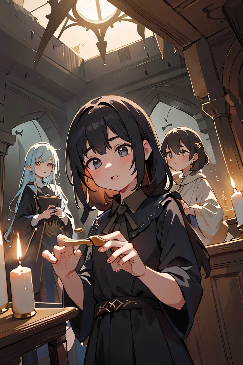 a detailed fantasy scene of three young girls exploring an ancient, mysterious house, extremely detailed eyes and faces, beautiful detailed lips, longeyelashes, highly realistic, photorealistic, 8k, masterpiece, studio lighting, vivid colors, dramatic lighting, ornate architecture, dusty textures, cobweb-covered walls, mysterious atmosphere, sense of discovery, warm light from candles, glowing magical artifacts, capture the essence of this magical and mysterious encounter. Your drawing will be fundamental for the creation of a unique publication, which combines the gothic atmosphere and the charm of the supernatural. Remember to add evocative details, such as candle flames dancing in the dark, shadows moving ominously along the rock walls, . Highlight the aura of mystery and emotion that this forbidden encounter evokes.