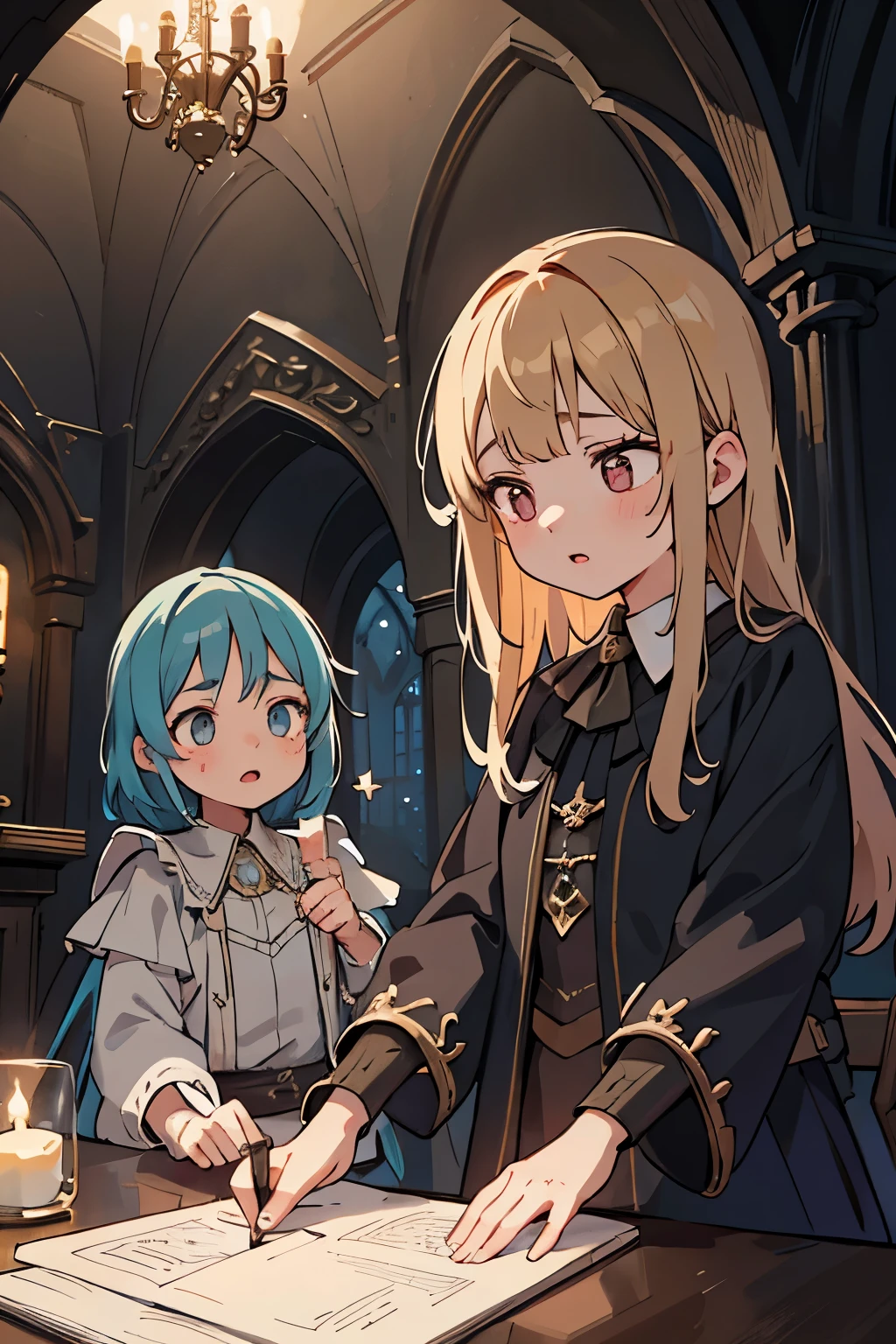 a detailed fantasy scene of three young girls exploring an ancient, mysterious house, extremely detailed eyes and faces, beautiful detailed lips, longeyelashes, highly realistic, photorealistic, 8k, masterpiece, studio lighting, vivid colors, dramatic lighting, ornate architecture, dusty textures, cobweb-covered walls, mysterious atmosphere, sense of discovery, warm light from candles, glowing magical artifacts, capture the essence of this magical and mysterious encounter. Your drawing will be fundamental for the creation of a unique publication, which combines the gothic atmosphere and the charm of the supernatural. Remember to add evocative details, such as candle flames dancing in the dark, shadows moving ominously along the rock walls, . Highlight the aura of mystery and emotion that this forbidden encounter evokes.