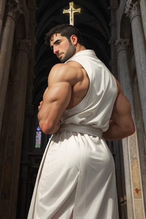 looking back, Darius Ferdynand wearing a tight tunic, black and white, sleeveless, of the Roman Catholic Pope, without wearing pants, revealing his huge round muscular butt, looking at the viewer, peaceful and fair expression, BREAK St dynamic pose. Peter's Basilica, vatican, heroic rest, Religious reasons, chiaroscuro, Renaissance art, ecclesiastical power, realistic BREAK, cinematographic, Best Quality, detailed background, depth of field, intricate details