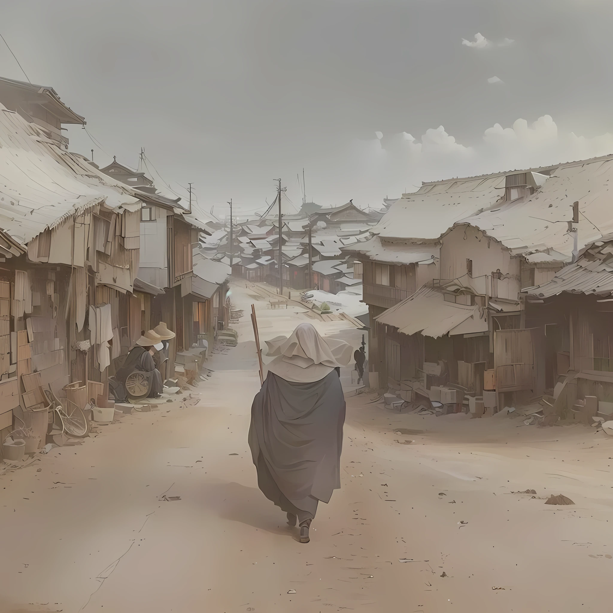 A picture of a street with people walking, by Kamisaka Sekka, Dusty Street, The ancient street behind her, in a village street, Inspired by Santiago Martínez Delgado, By Artur Tarnowski, on the road, By Ludwig Konaszewski, Inspired by Anton Piek, Foggy Alley, on the roadBlazing flames, fire, crowd, throng, freezing, mother warming her baby.Scenery and Cityscape in the Early Meiji Era After the Meiji Restoration, Japan underwent rapid modernization and civilization. Consequently, many changes and reforms occurred. Below is a detailed explanation of the scenery, appearance of the poor, occupations, and cityscapes in the early Meiji period (1868 to the early 1880s). 2. Appearance of the Poor Life for the impoverished and lower classes remained harsh. In particular, in urban areas, people migrated from rural areas or unemployed artisans gathered, intensifying competition in the labor market. Many of them struggled with poverty, often residing in slums or around temples. 3. Occupations Meiji early Japan witnessed a diversification of occupations. Traditional agriculture and handicrafts were accompanied by the rise of modern industry and commerce. Particularly in urban areas, factory workers, shop clerks, and transporters increased, giving rise to new professions. However, many in these occupations endured harsh working conditions. 4. Influence of Civilization and Enlightenment During the Meiji era, Western cultural influences spread rapidly. Changes in clothing, dietary habits, and the proliferation of Western-style architecture advanced, especially in urban areas. Conversely, this development posed a threat to traditional culture and lifestyles, resulting in societal upheaval and adaptation challenges. 5. Social Change and Policy Influence While promoting modernization policies, the government also addressed poverty and social issues. Legislation for labor protection and charitable activities to aid the poor were implemented. Nevertheless, living conditions for the impoverished scarcely improved. The early Meiji period marked a rapid transformation in Japan, with complex social land