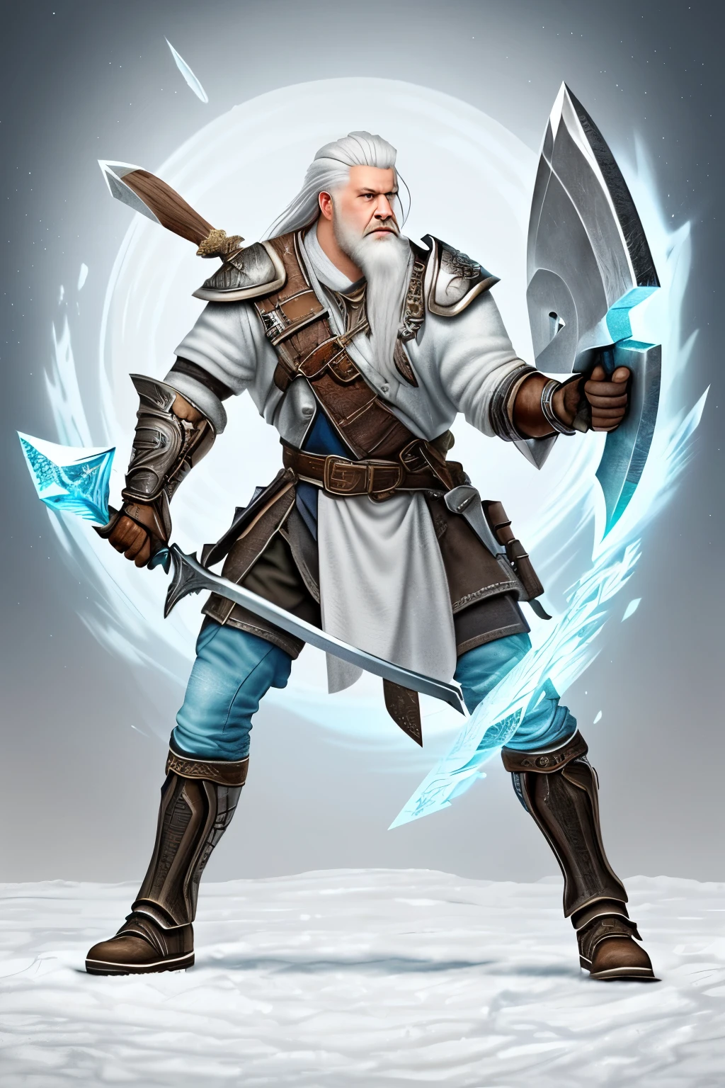 The Frostbite Cleaver, a masterpiece forged by the ancient albino dwarf warrior renowned for their mastery of ice magic, stands out in its best quality and ultra-high resolution. The handaxe boasts a shimmering ice-blue metal blade, meticulously crafted with intricate frost patterns etched along its edge, reflecting light in mesmerizing ways. The handle, wrapped in pristine white leather, provides a comfortable grip, its texture detailed and authentic. The axe is a perfect blend of art and function, embodying the skill and magic of its creator.
