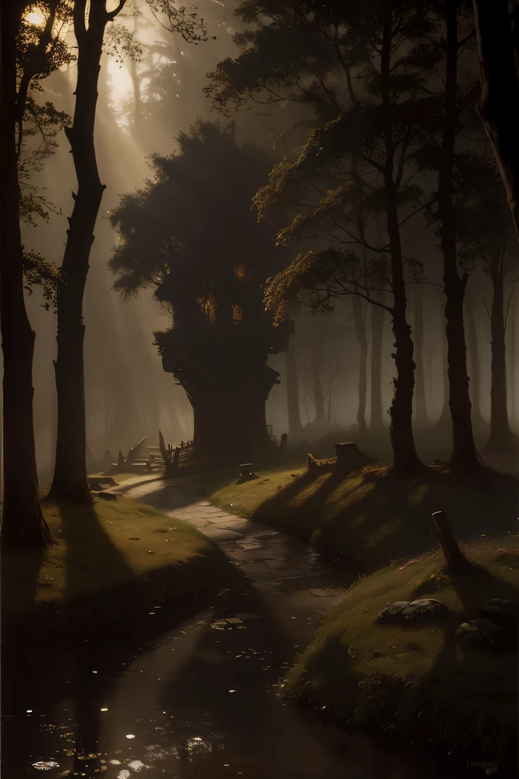 realistic dark oil painting of a medieval village at sunrise, mossy, mist, foggy, shadows, misterious, mithical, dark, rays of light shines trough the woods, ambient, depth of field, volumetric lighting, cinematic lighting, moody, heavy darkness, black sky, low angle perspective, by Eyvind Earle