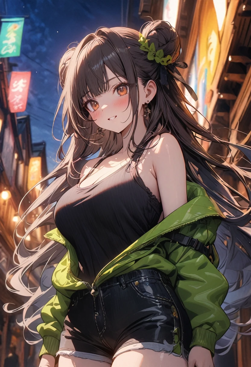 (masterpiece), best quality, very aesthetic, newest, absurdres, detailed, high quality
BREAK
highest quality, top quality, details, highres, ultra fine painting, digital art, official art, cinematic, 4k, 8k resolution, 8K CG wallpaper, CG, original artwork, detailed background, colorful background, blue atmosphere, High Dynamic Range, blurry background, blue hour, Starburst effects, crepuscular rays, good ISO, high resolution, wide shot, from far away, RAW photo, POV, sharp focus, light reflection, reflections, intricate details, soft light, particle noise, professional photography, bokeh, depth of field, natural lighting, vibrant colors, looking away, detailed lights and shadows, stylish, ultra-detailed, top rated on Pixiv, trending on Artstation, niji style, modern-days, master crafted, pose
BREAK
solo, (close up), 1girl, pale skin, correct fingers, detailed hand, (big breasts:1.2), big thighs, small torso, short body, flushtered, blush, anxious expression, embarassed, embarassed act, casual, slim, ((cute, childlike face):1.3), nice body, nice hips, brown hair, (very long flowing hair, 2 buns hairstyle), long bangs, long hair, middle hair bangs, brown eyes
BREAK
((straps black tank top), black string sweatshorts, off shoulders open green hoodie, modest)
BREAK
Indoors background