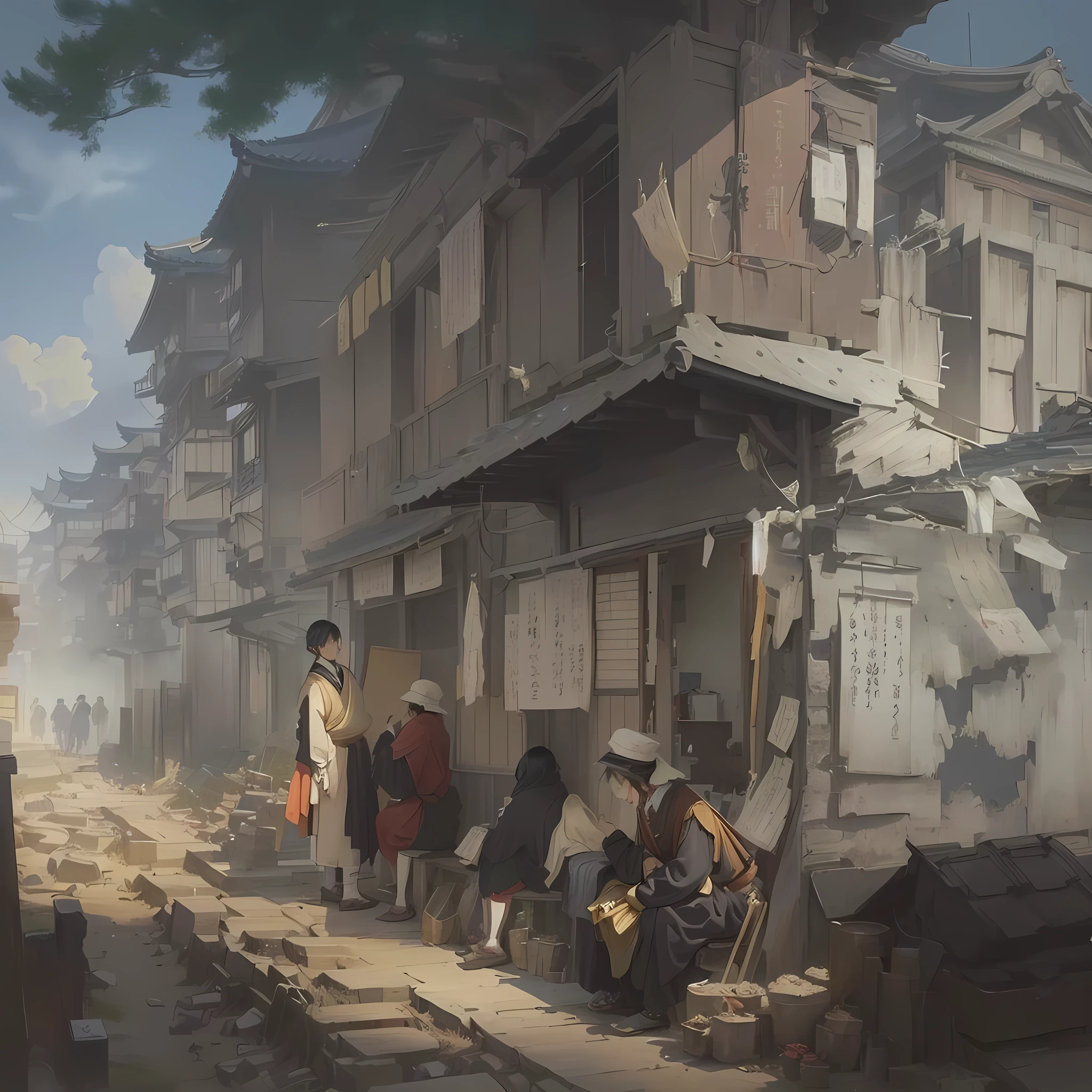 Painting of a cityscape with a man sitting on a bench, Inspired by Carl Spitzweg, Inspired by Chung Fenghua, Luan Jia, James Paik style, イスマイル・インチェオグルとLuan Jia, by Li Zai, Painterly concept art, Bayard Wu, award winning concept artist, Han Kang Blazing flames, fire, crowd, throng, freezing, mother warming her baby.Scenery and Cityscape in the Early Meiji Era After the Meiji Restoration, Japan underwent rapid modernization and civilization. Consequently, many changes and reforms occurred. Below is a detailed explanation of the scenery, appearance of the poor, occupations, and cityscapes in the early Meiji period (1868 to the early 1880s). 2. Appearance of the Poor Life for the impoverished and lower classes remained harsh. In particular, in urban areas, people migrated from rural areas or unemployed artisans gathered, intensifying competition in the labor market. Many of them struggled with poverty, often residing in slums or around temples. 3. Occupations Meiji early Japan witnessed a diversification of occupations. Traditional agriculture and handicrafts were accompanied by the rise of modern industry and commerce. Particularly in urban areas, factory workers, shop clerks, and transporters increased, giving rise to new professions. However, many in these occupations endured harsh working conditions. 4. Influence of Civilization and Enlightenment During the Meiji era, Western cultural influences spread rapidly. Changes in clothing, dietary habits, and the proliferation of Western-style architecture advanced, especially in urban areas. Conversely, this development posed a threat to traditional culture and lifestyles, resulting in societal upheaval and adaptation challenges. 5. Social Change and Policy Influence While promoting modernization policies, the government also addressed poverty and social issues. Legislation for labor protection and charitable activities to aid the poor were implemented. Nevertheless, living conditions for the impoverished scarcely improved. The early Meiji period marked a rapid transformation in Japan, with compl