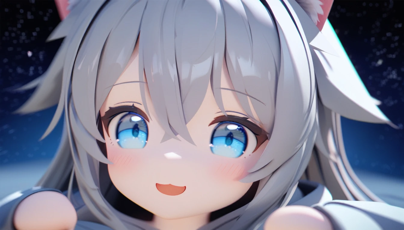 (MMD Style),,,Cat ears,Gray Hair,Straight long hair,cute,Light blue eyes,Big eyes,Open your mouth、Starry Sky,Lie down on the bed,smile,blush, Hair between the eyes,Large hoodie,Take a close-up of the face,