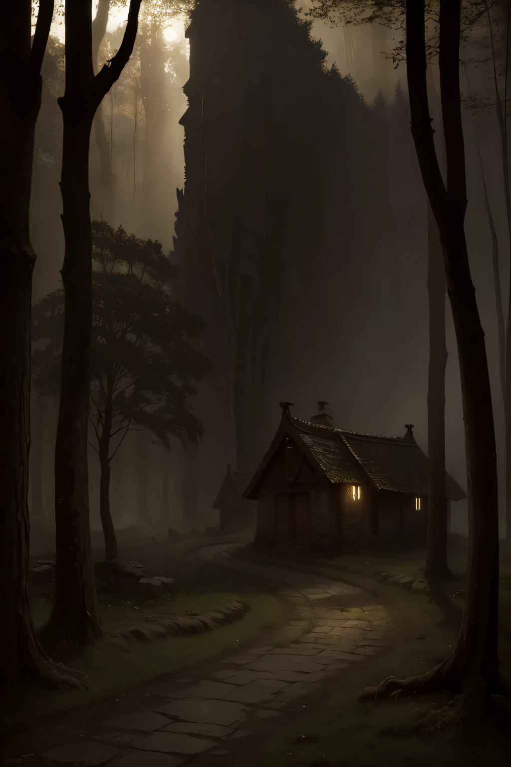 realistic dark oil painting of a medieval village at sunrise, mossy, mist, foggy, shadows, misterious, mithical, dark, rays of light shines trough the woods, ambient, depth of field, volumetric lighting, cinematic lighting, moody, heavy darkness, black sky, low angle perspective, by Eyvind Earle
