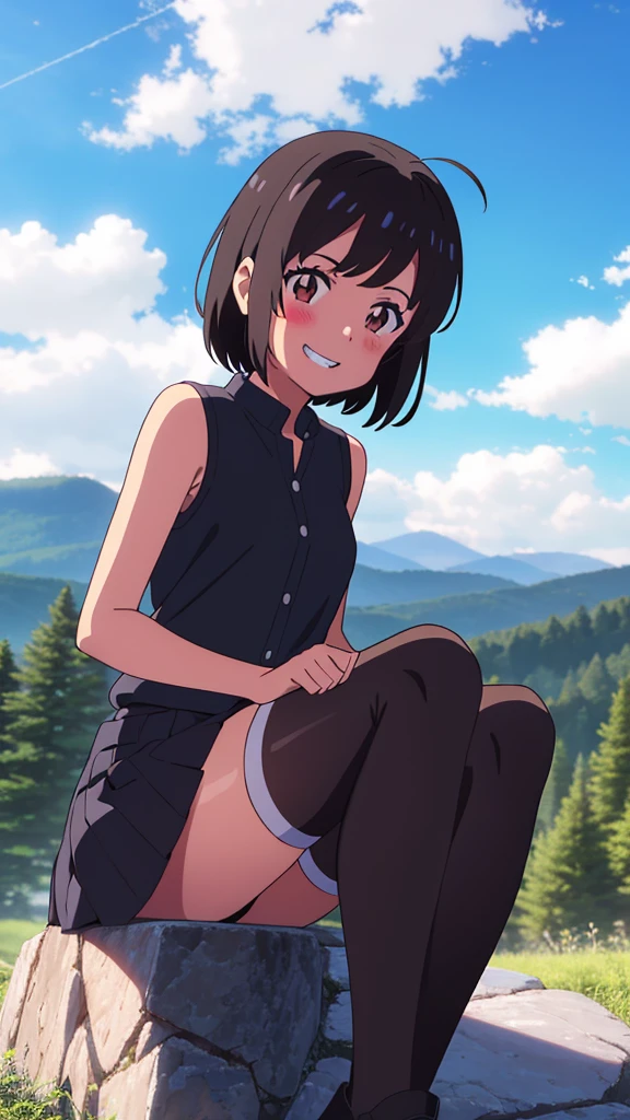 shinkai makoto, kimi no na wa., 1girl, bangs, black hair, blush, expressive eyes, brown eyes, perfect face, looking at the viewer, sleeveless dress, skirt, thighhighs, short hair, solo, outdoors, shinny skin, smile, cute, grin, cloudy, night sky, mountains, rocks, sitting, (masterpiece), best quality