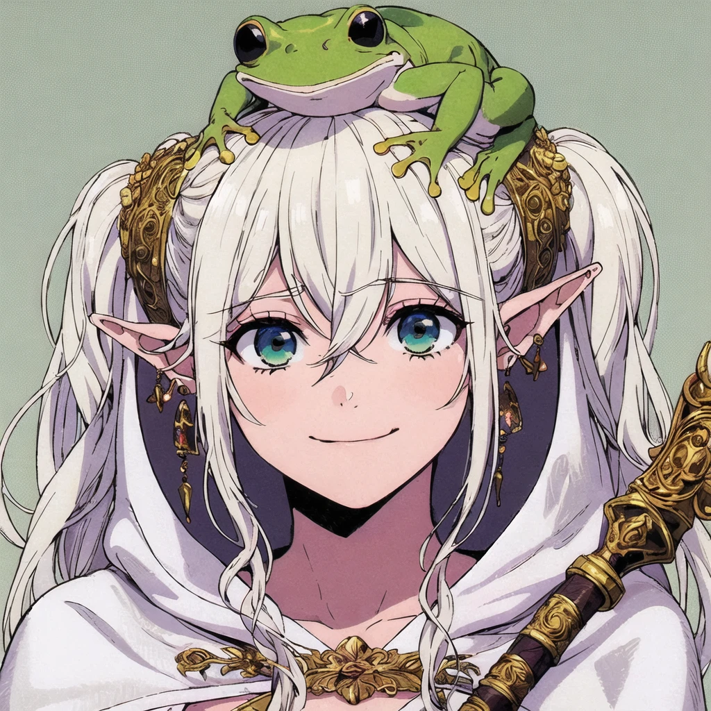 1girl, (masterpiece:1.3), (high resolution), (8K), (extremely detailed), (4k), (pixiv), perfect face, nice eyes and face, (best quality), (super detailed), detailed face and eyes, (solo), textured skin, absurdres, highres, a frog over her head, wz_sousou_no_frieren_style, wz_sousou_no_frieren_style, twintails, very long hair, silver hair, pointy ears, elf, white capelet, green eyes, black pantyhose, earrings, white skirt, belt, white sleeves, light, face picture pov zoom, smile, light rays, sunlight