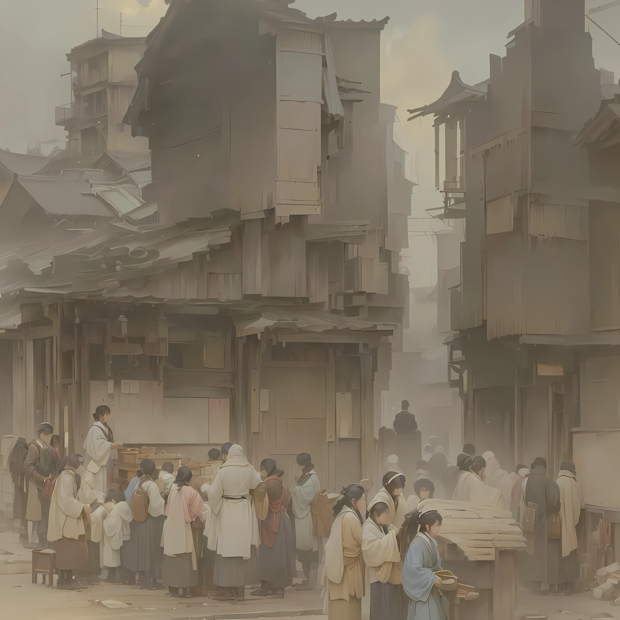 Man standing in front of a building々Group painting, Cityscape, Cityscape, Ivan Aivazovsky, market, On the city streets, on the road, By Eugène Isabey, Mordor as a bustling city, By Samuel Prout, opening scene, Alan Lee style, Atmospheric scenery, Blazing flames in 19th century London, fire, crowd, throng, freezing, mother warming her baby.Scenery and Cityscape in the Early Meiji Era After the Meiji Restoration, Japan underwent rapid modernization and civilization. Consequently, many changes and reforms occurred. Below is a detailed explanation of the scenery, appearance of the poor, occupations, and cityscapes in the early Meiji period (1868 to the early 1880s). 2. Appearance of the Poor Life for the impoverished and lower classes remained harsh. In particular, in urban areas, people migrated from rural areas or unemployed artisans gathered, intensifying competition in the labor market. Many of them struggled with poverty, often residing in slums or around temples. 3. Occupations Meiji early Japan witnessed a diversification of occupations. Traditional agriculture and handicrafts were accompanied by the rise of modern industry and commerce. Particularly in urban areas, factory workers, shop clerks, and transporters increased, giving rise to new professions. However, many in these occupations endured harsh working conditions. 4. Influence of Civilization and Enlightenment During the Meiji era, Western cultural influences spread rapidly. Changes in clothing, dietary habits, and the proliferation of Western-style architecture advanced, especially in urban areas. Conversely, this development posed a threat to traditional culture and lifestyles, resulting in societal upheaval and adaptation challenges. 5. Social Change and Policy Influence While promoting modernization policies, the government also addressed poverty and social issues. Legislation for labor protection and charitable activities to aid the poor were implemented. Nevertheless, living conditions for the impoverished scarcely improved. The early Meiji period marked a rapid transformation in Japan, with complex social landscape