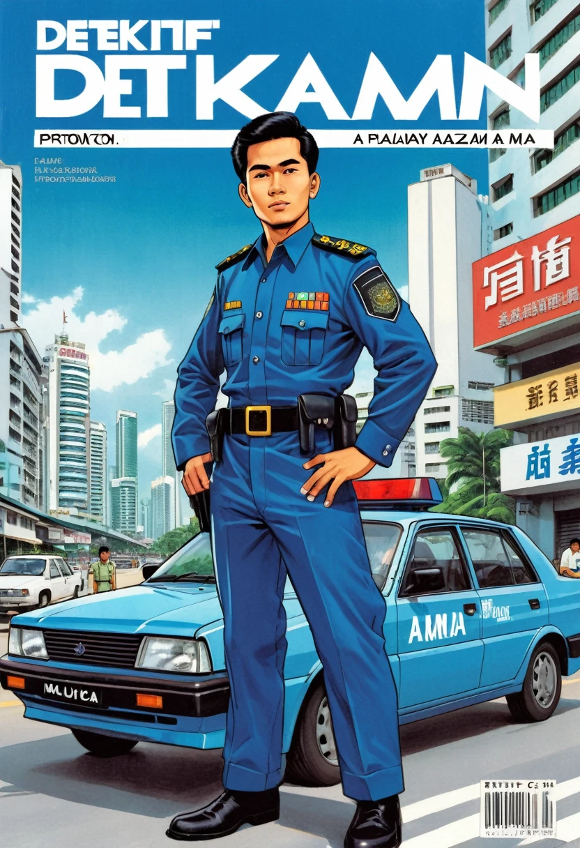 a comic book cover, 1990's comic illustration style. Titled written "DETEKTIF AZMAN" a Malay man, wearing a Malaysia Police uniform. Leaning on a blue sedan, brand Proton Saga. background of Kuala Lumpur city street.