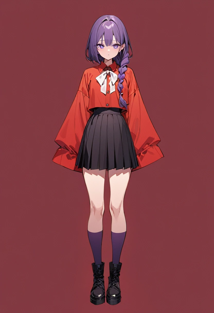 masterpiece, (bestquality), highlydetailed, cold, calm, gentle, expressionless, solo, (1 adult female), dark purple hair, very long single braid, bright purple eyes, (((detailed eyes))), (white collared shirt with white furisode sleeves), thin red bow tie under the collar, (diamond-shaped pin on the front of the bow), (black high-waisted pleated skirt), dark purple high socks, black ankle boots, (simple earthy red background), ((empty background)), full body, standing