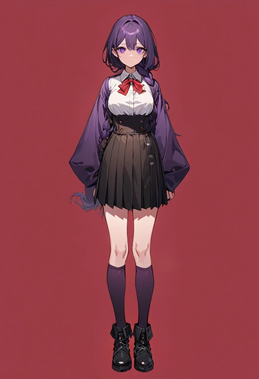 masterpiece, (bestquality), highlydetailed, cold, calm, gentle, expressionless, solo, (1 adult female), dark purple hair, very long single braid, bright purple eyes, (((detailed eyes))), (white collared shirt with white furisode sleeves), thin red bow tie under the collar, (diamond-shaped pin on the front of the bow), (black high-waisted pleated skirt), dark purple high socks, black ankle boots, (simple earthy red background), ((empty background)), full body, standing