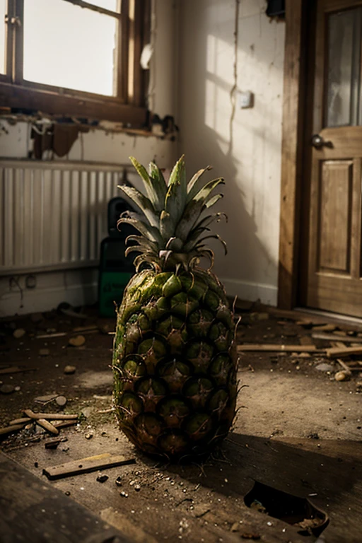 one single pineapple above a wodden box inside a abandoned house
