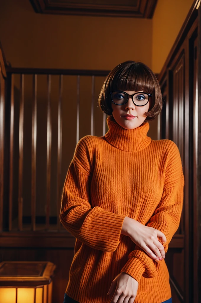 sensual Velma from Scooby Doo with big  and square glasses wearing a tight orange turtleneck sweater, Mischievous, horny, collar, in a haunted house, athletic and fit body, Mischievous, perfect hands, detailed hands, Perfect the eyes, detailed eyes,  provocative, sensual, Mischievous, great happiness , realisitic, HDR, ultra high definition, dynamic